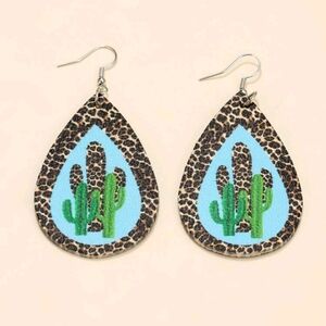 Leopard Cactus Teardrop Earring Western Boho Leopard Print